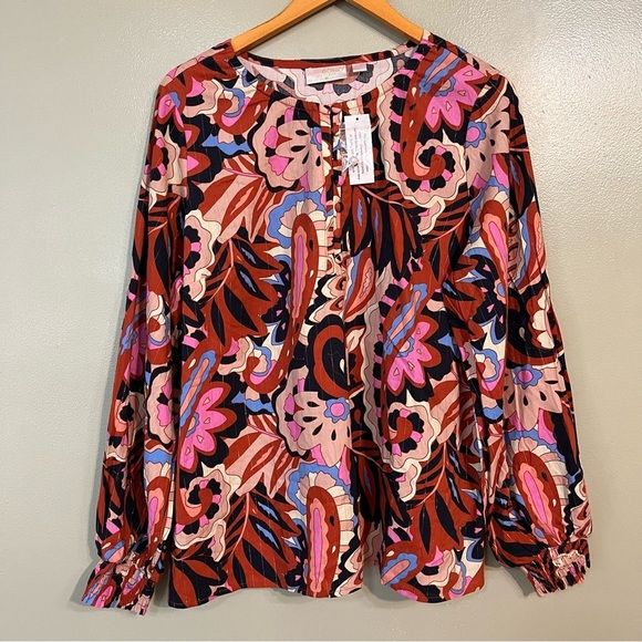 Belle Boho Kim Grauel Floral Red Pink Long Ballon Sleeve Blouse Button L New - Picture 1 of 14